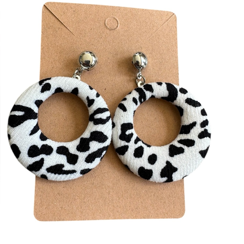 Cow Print Black and White Fabric Hollow Center Hoop Drop Earrings